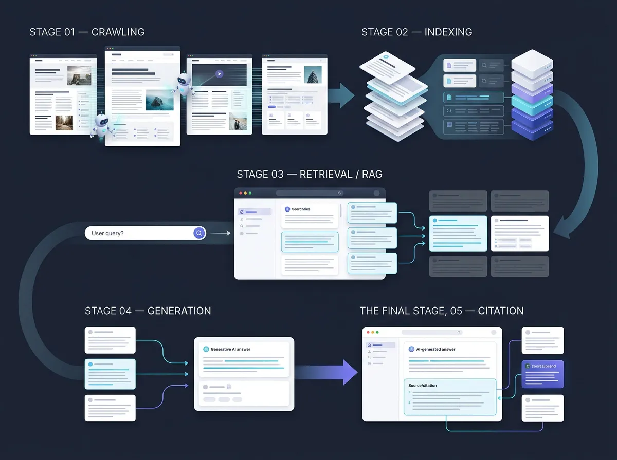 Diagram of how AI search engines crawl, index, retrieve, generate, and cite
