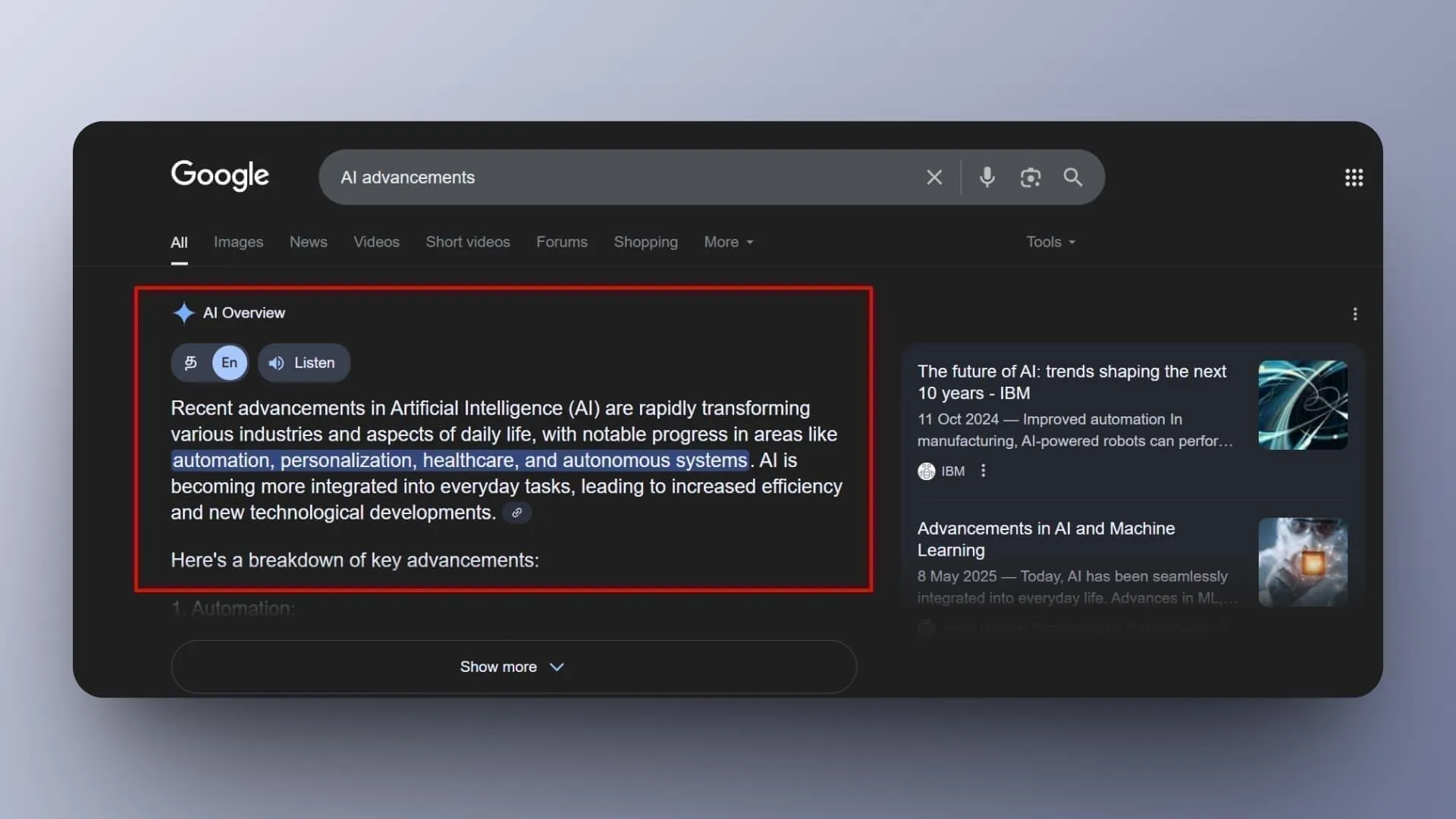Google AI Overviews in search results